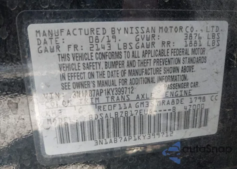 2019 Nissan Sentra S from USA, damaged, VIN 3N1AB7AP1KY399712